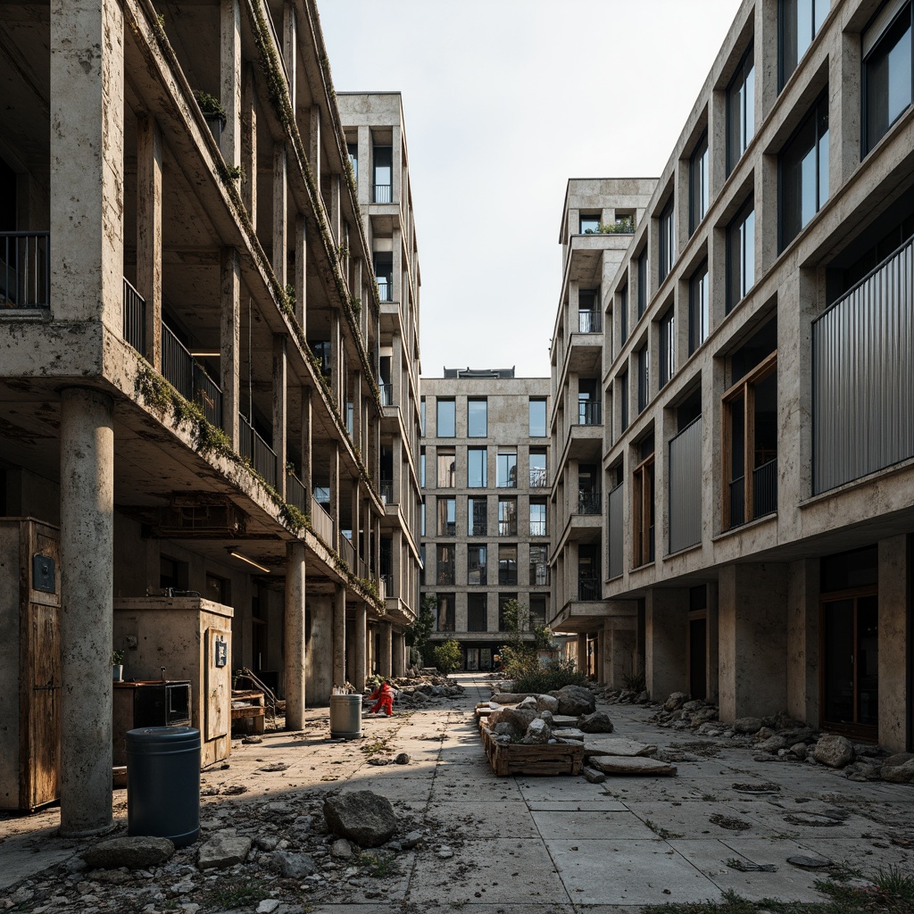 Prompt: Deconstructed buildings, fragmented forms, rough concrete surfaces, exposed steel beams, distressed wood textures, industrial metal cladding, weathered stone walls, abstract geometric patterns, irregular shapes, brutalist aesthetics, harsh natural light, high-contrast shadows, moody atmospheric lighting, cinematic composition, 1/2 frame ratio, selective focus, gritty realistic renderings.