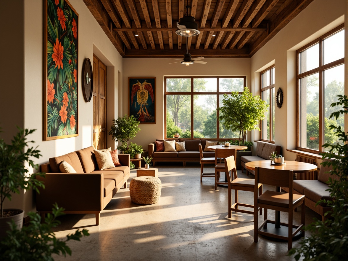 Prompt: Cozy coffee shop, warm beige walls, rich wood tones, soft cream accents, comfortable seating areas, natural stone flooring, large windows, abundant greenery, vibrant artwork, eclectic decorative items, warm golden lighting, shallow depth of field, 3/4 composition, realistic textures, ambient occlusion.