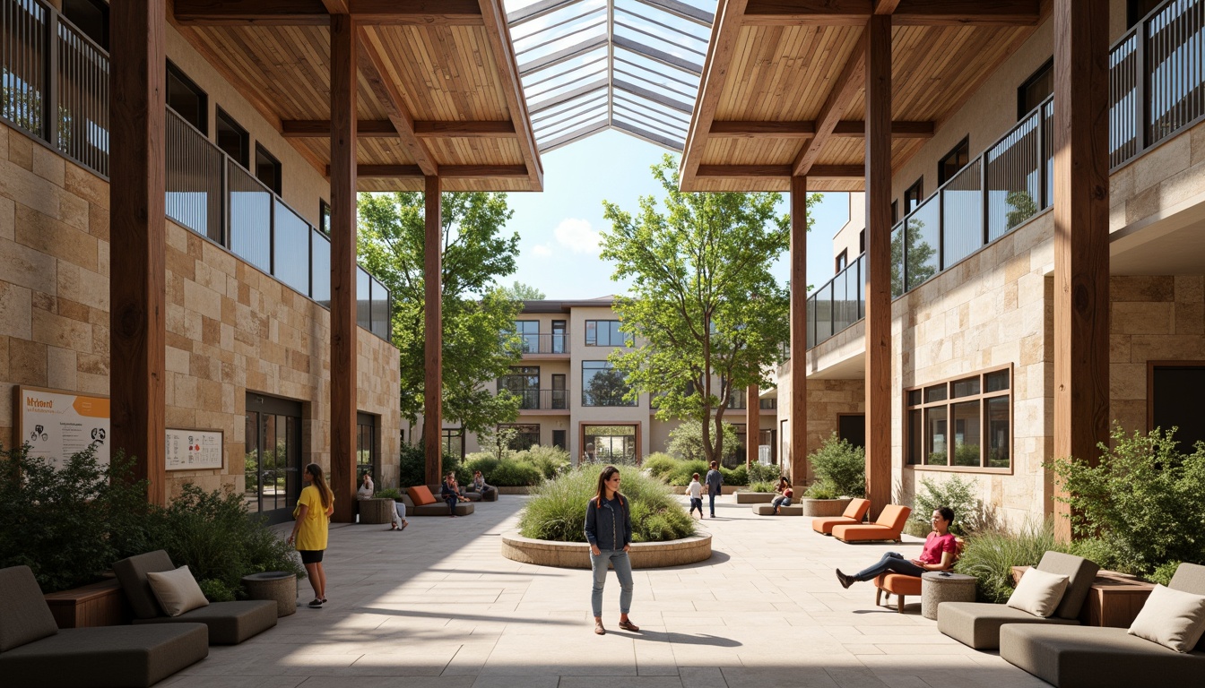 Prompt: Welcoming visitor center, abundant natural light, floor-to-ceiling windows, clerestory rooflights, open atrium, wooden beam ceilings, rustic stone walls, earthy color palette, organic shapes, minimalist decor, interactive exhibits, educational displays, comfortable seating areas, warm ambient lighting, soft shadows, 1/1 composition, realistic textures, subtle depth of field.