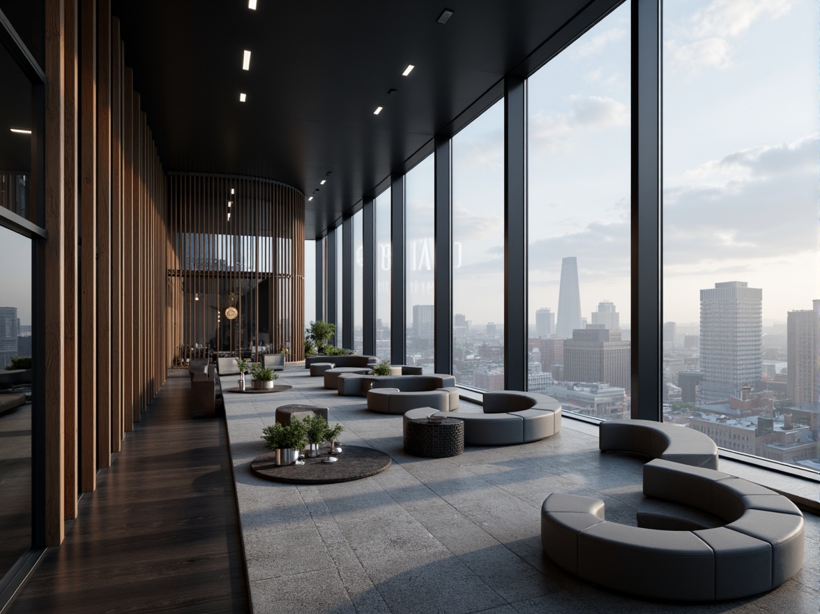 Prompt: Streamlined modern architecture, sleek metallic accents, monochromatic color scheme, dark grey tones, rich wood textures, polished chrome details, floor-to-ceiling windows, minimalist decor, urban cityscape, misty morning atmosphere, soft diffused lighting, shallow depth of field, 1/1 composition, panoramic view, realistic reflections, ambient occlusion.