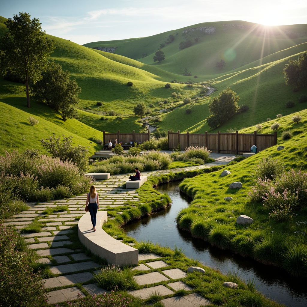 Prompt: Rolling hills, lush green grasslands, wildflowers, meandering pathways, wooden fences, rustic gates, serene atmosphere, natural stone benches, tranquil water features, small ponds, gentle streams, soft rustling sounds, warm sunlight, shallow depth of field, 1/1 composition, realistic textures, ambient occlusion.