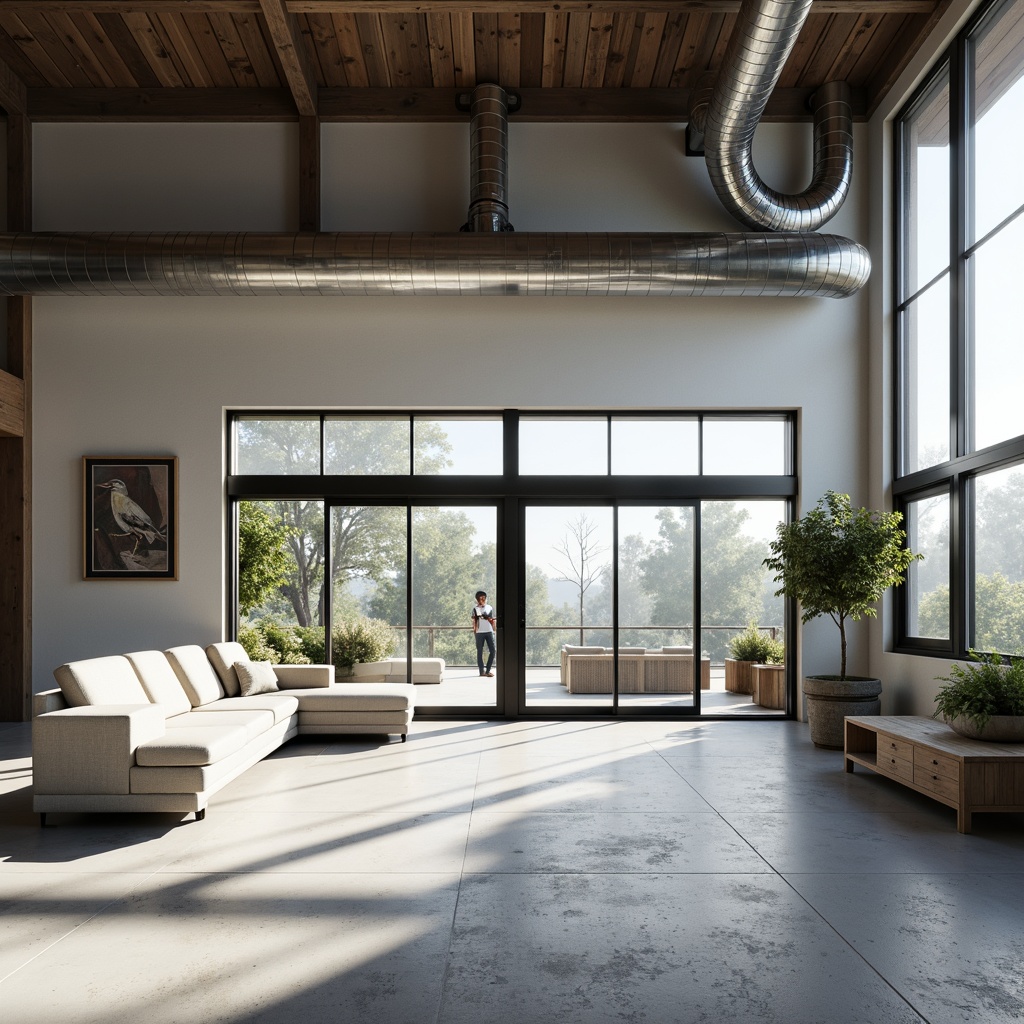 Prompt: Clean lines, minimalist aesthetic, industrial materials, exposed ductwork, steel beams, concrete floors, floor-to-ceiling windows, sliding glass doors, open-plan layout, functional simplicity, geometric shapes, rectangular forms, cantilevered roofs, asymmetrical compositions, monochromatic color schemes, natural light pouring in, soft shadows, 3/4 composition, realistic textures, ambient occlusion.