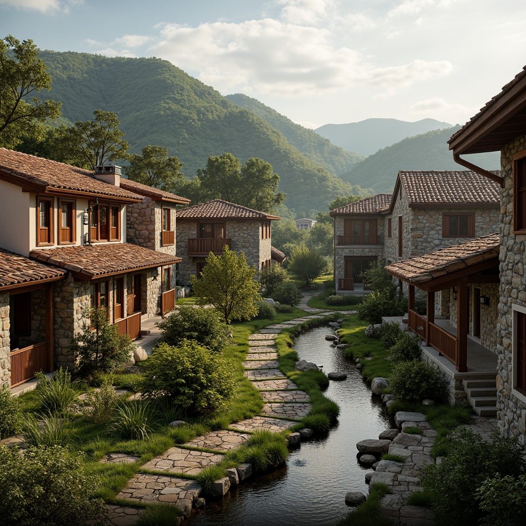 Prompt: Rustic countryside, rolling hills, meandering streams, ancient trees, weathered stone walls, earthy tones, natural materials, local flora, traditional architecture, pitched roofs, wooden beams, clay tiles, ornate facades, vibrant colors, intricate patterns, warm lighting, soft focus, shallow depth of field, 1/1 composition, intimate atmosphere, cozy ambiance.