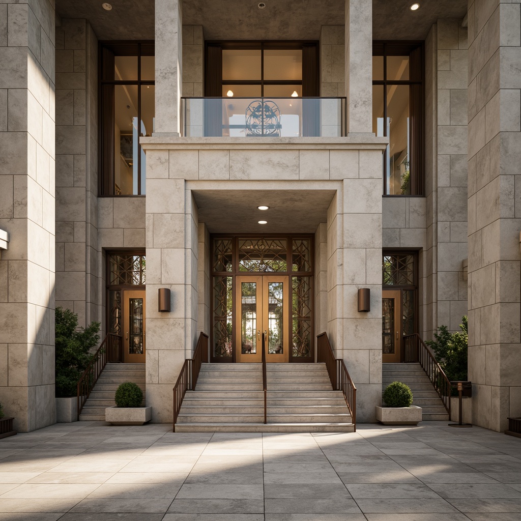 Prompt: Grand courthouse entrance, imposing stone columns, symmetrical fa\u00e7ade, grand staircases, ornate metalwork, bronze doors, subtle Art Deco patterns, neutral color palette, minimalist ornamentation, modernist simplicity, large windows, natural light pouring in, 1/1 composition, shallow depth of field, soft warm lighting, realistic textures, ambient occlusion.