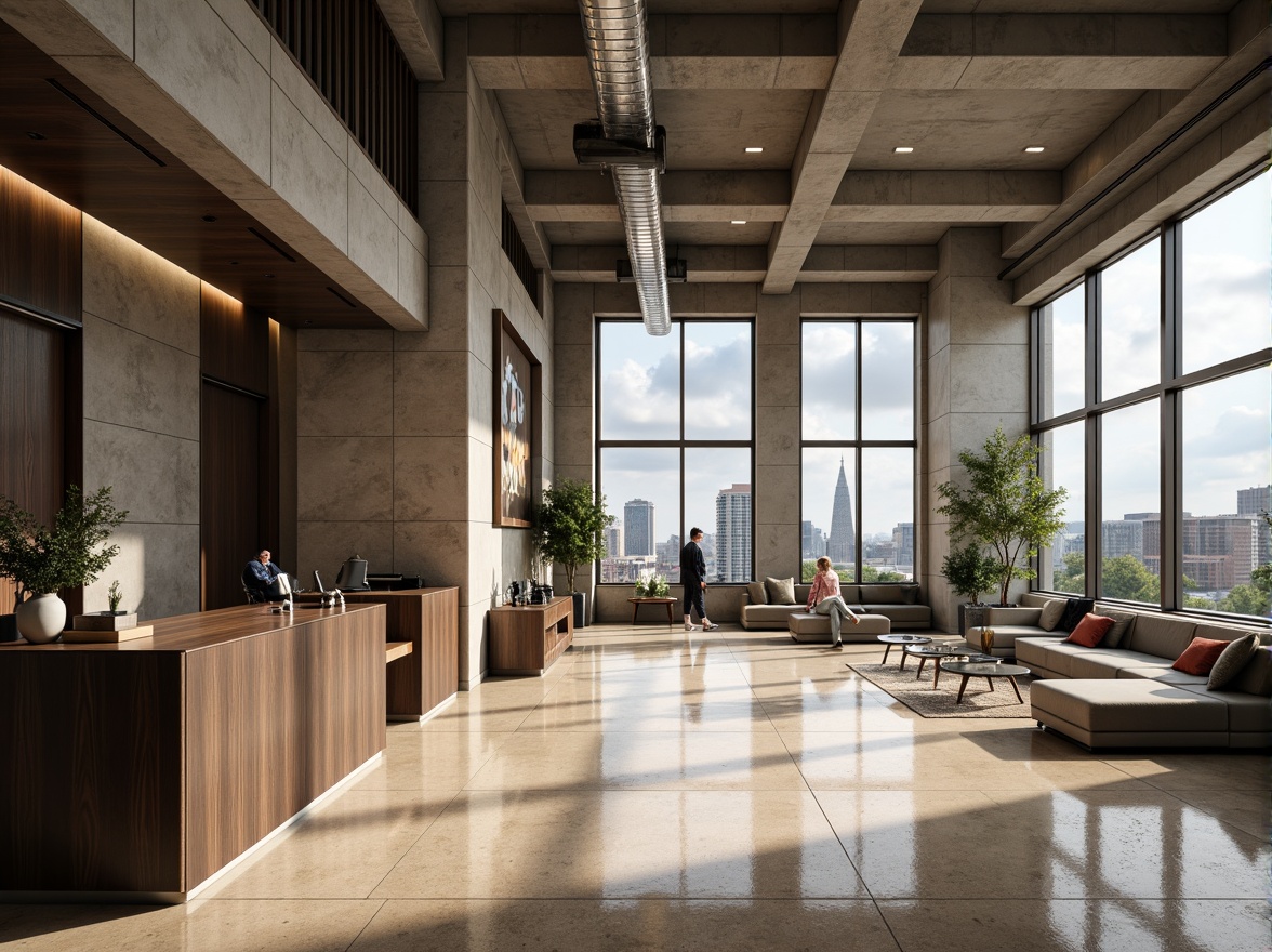 Prompt: Industrial bank interior, constructivist architecture, brutalist concrete columns, exposed ductwork, metallic accents, geometric patterns, monochromatic color scheme, muted earth tones, beige marble floors, dark wood paneling, minimalist decor, sleek metal furniture, modern LED lighting, high ceilings, urban cityscape views, cloudy day, soft natural light, shallow depth of field, 1/1 composition, realistic textures, ambient occlusion.