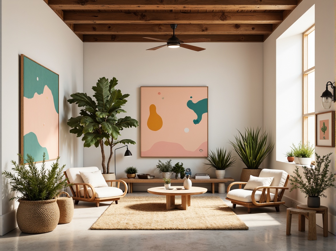 Prompt: Vibrant art studio, modern minimalist interior, creamy white walls, rich wood accents, bold brushstrokes, eclectic artwork, natural fiber rugs, industrial metal lighting, pastel color scheme, soft peach tones, muted turquoise hues, warm golden lighting, shallow depth of field, 1/1 composition, realistic textures, ambient occlusion.