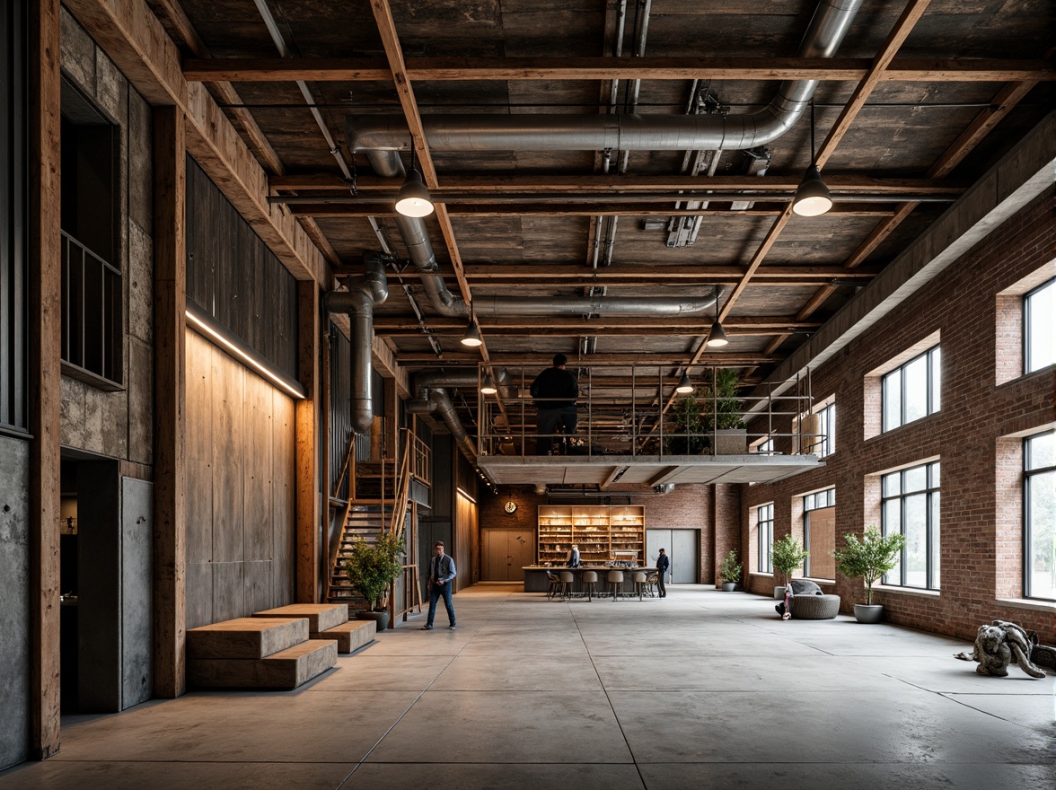 Prompt: Exposed brick facade, industrial metal cladding, rusted steel accents, wooden loading docks, corrugated roofing, large metal doors, concrete floors, urban loft atmosphere, converted warehouse space, reclaimed wood features, vintage industrial lighting, metal catwalks, elevated storage areas, distressed finishes, worn textures, gritty urban feel, soft natural light, shallow depth of field, 1/2 composition, realistic materials, ambient occlusion.