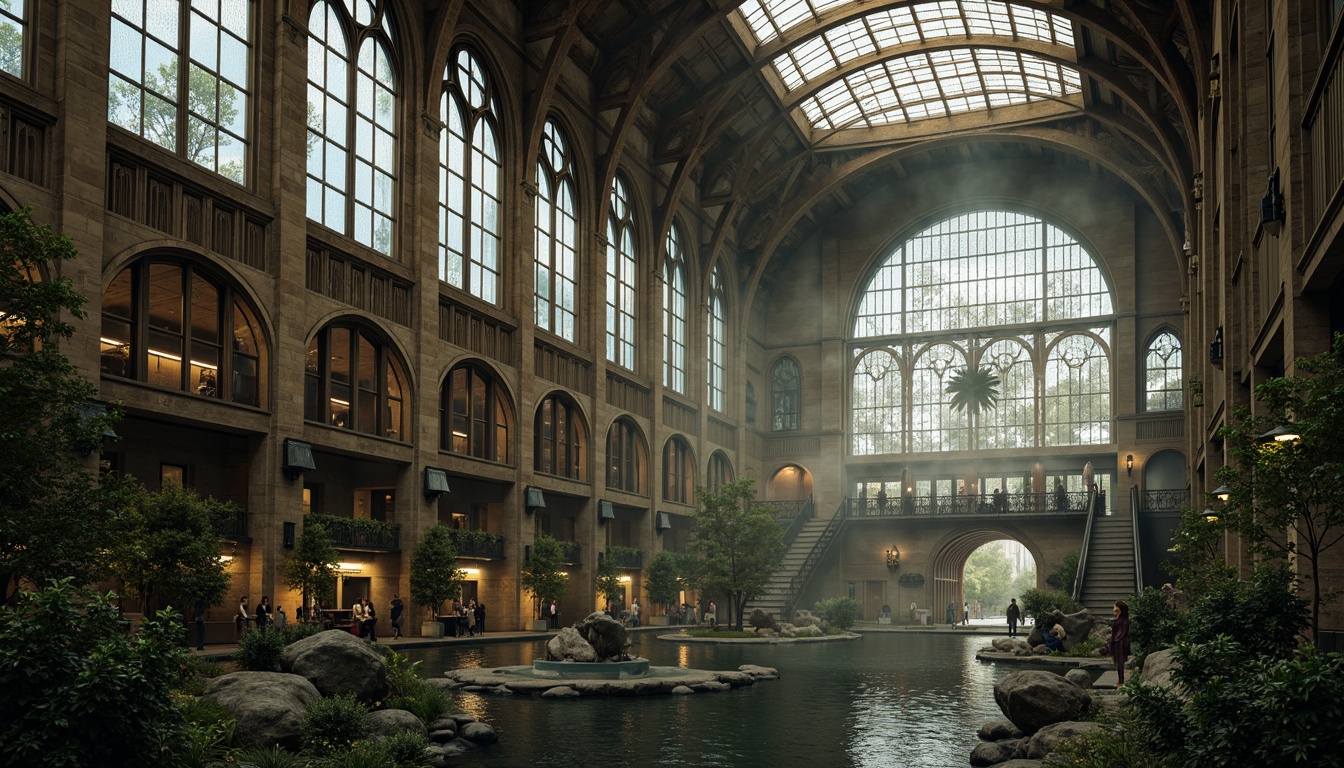 Prompt: Grandiose Gothic train station, ornate stone carvings, stained glass windows, vaulted ceilings, intricate archways, mysterious ambiance, lush greenery, natural rock formations, serene water features, majestic trees, foggy misty atmosphere, soft warm lighting, shallow depth of field, 3/4 composition, panoramic view, realistic textures, ambient occlusion.