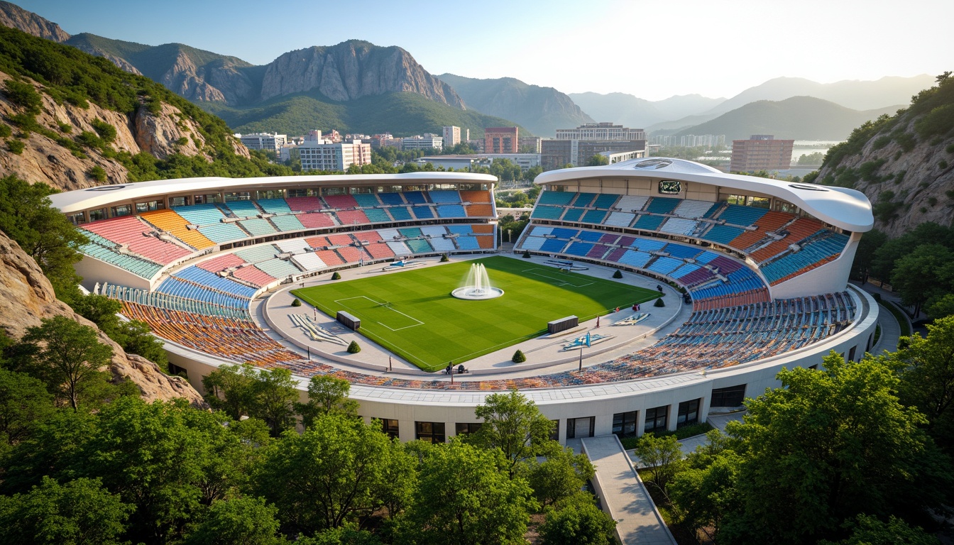 Prompt: Vibrant sports stadium, lush greenery, rolling hills, natural rock formations, integrated landscape design, tiered seating areas, cantilevered roofs, curved lines, futuristic architecture, large windows, transparent glass facades, warm lighting, shallow depth of field, 3/4 composition, panoramic view, realistic textures, ambient occlusion, urban skyline views, dynamic water features, misting systems, public art installations, vibrant colorful signage, energetic atmosphere.