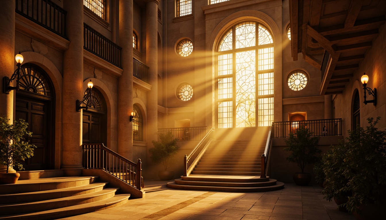 Prompt: \Dramatic architectural scene, warm golden hour lighting, soft shadows, high contrast ratios, subtle lens flares, cinematic composition, atmospheric mist, volumetric fog, rays of light, sunbeams, stained glass windows, ornate metal fixtures, intricately carved stone walls, grand staircases, majestic columns, sweeping arches, luxurious chandeliers, ambient occlusion, 1/1 ratio framing, shallow depth of field, realistic reflections, advanced global illumination.\This prompt includes various lighting techniques and architectural features to create a visually stunning scene.