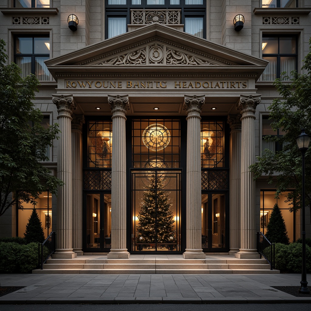 Prompt: Monumental banking headquarters, grandiose entrance, ornate stone carvings, geometric metalwork, symmetrical fa\u00e7ade composition, imposing columns, majestic arches, rustication details, richly ornamented pediments, classical entablature, dramatic lighting effects, low-angle photography, cinematic atmosphere, highly detailed textures, intricate stonework patterns, solemn ambient occlusion.