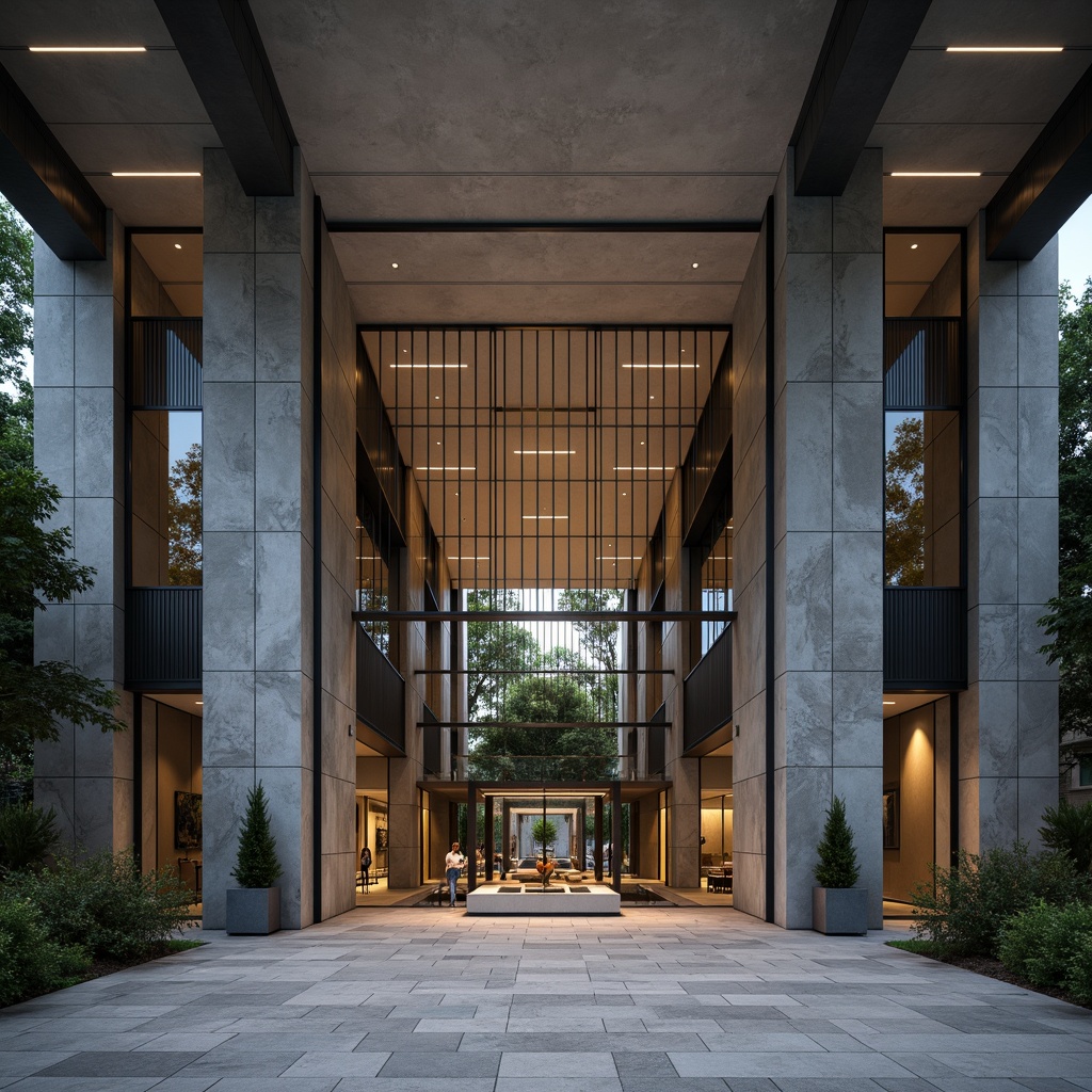 Prompt: Granite courthouse facade, modernist architecture, sleek lines, minimalist details, grand entrance, symmetrical composition, imposing columns, ornate metalwork, bronze accents, glass atrium, open floor plan, natural light pouring, dramatic shadows, subtle textures, shallow depth of field, 1/2 composition, realistic rendering, ambient occlusion.