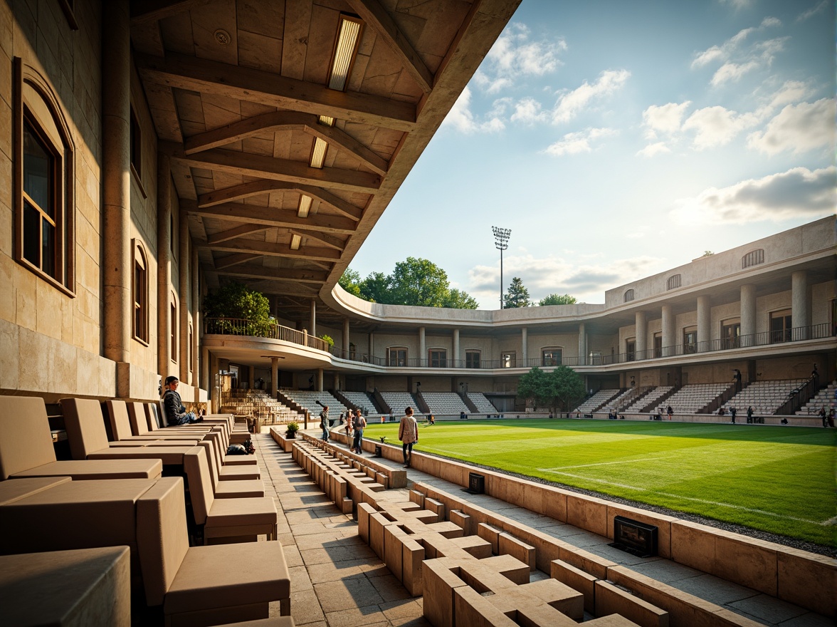 Prompt: Grandstand seating, ornate balustrades, Doric columns, arched windows, rusticated stone walls, symmetrical fa\u00e7ade, lush green athletic fields, vibrant stadium lighting, sunny afternoon, dramatic shadows, 3/4 composition, low-angle shot, realistic textures, ambient occlusion, nostalgic color palette, warm beige tones, subtle golden accents.