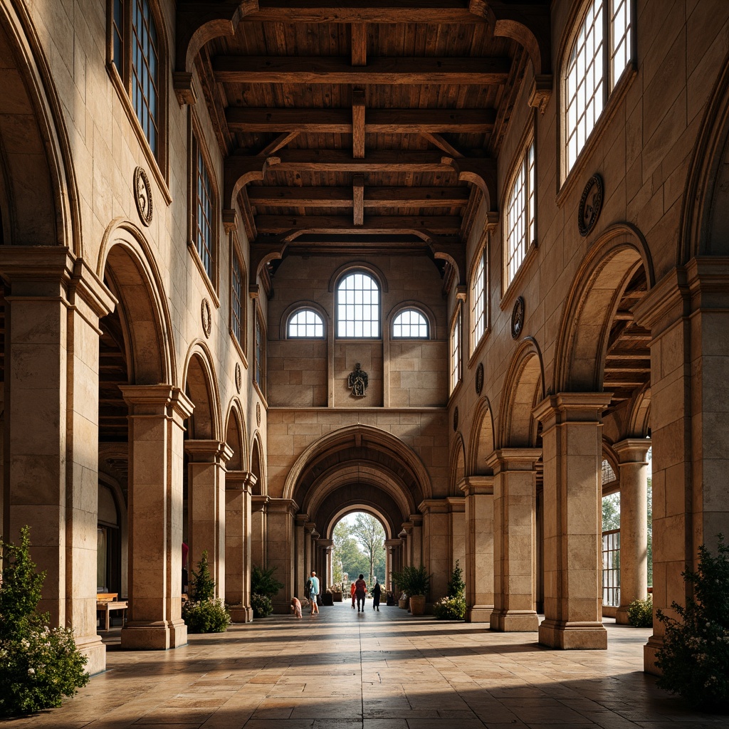 Prompt: Grandiose Romanesque arches, rustic stone walls, ornate carvings, vaulted ceilings, dramatic columns, intricate capitals, weathered copper roofing, majestic bell towers, grand entranceways, ornamental doorways, stained glass windows, warm golden lighting, shallow depth of field, 3/4 composition, panoramic view, realistic textures, ambient occlusion.