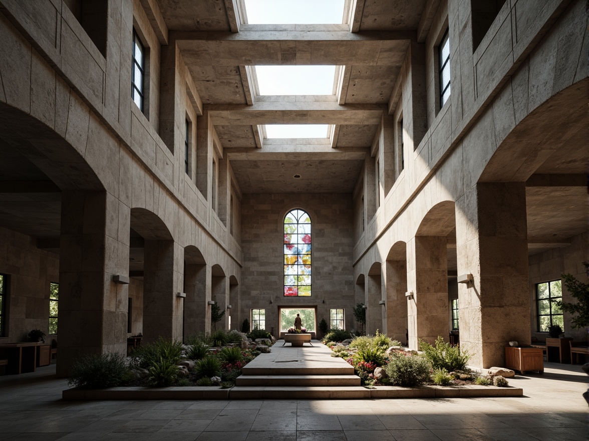 Prompt: Rustic brutalist church, rugged stone fa\u00e7ade, raw concrete walls, minimalist interior, natural light pouring in, clerestory windows, skylights, stained glass, subtle color palette, dramatic shadows, eerie ambiance, grandeur scale, symmetrical composition, soft warm lighting, high contrast ratio, realistic textures, ambient occlusion.