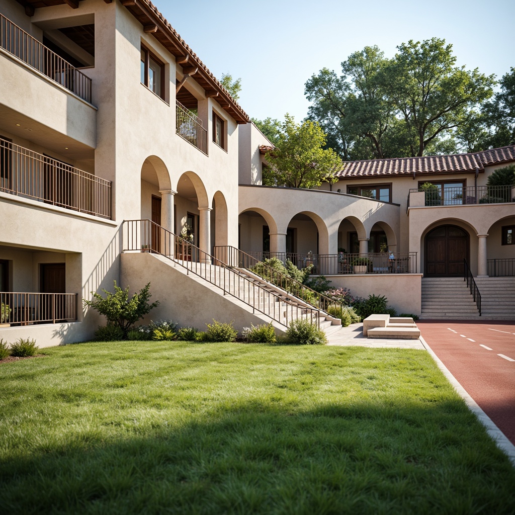 Prompt: Grandstand seating, athletic tracks, lush green grass, historic stone columns, ornate metal railings, classic archways, symmetrical facades, grand entrance gates, vintage scoreboards, rustic wooden bleachers, natural stone walls, creamy white stucco, subtle earthy tones, warm sunny afternoon, soft diffused lighting, shallow depth of field, 1/1 composition, realistic textures, ambient occlusion.