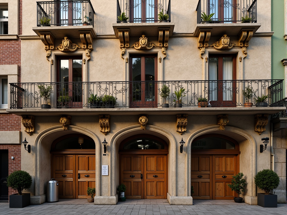 Prompt: Grandiose Baroque hostel facade, ornate stone carvings, golden accents, intricate balconies, curved lines, grand entrance, wooden doors, vintage hardware, rustic brick walls, symmetrical composition, warm afternoon lighting, shallow depth of field, 1/2 composition, detailed textures, ambient occlusion.