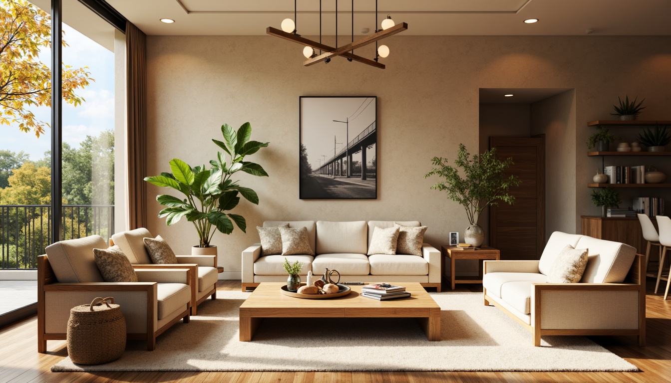 Prompt: Cozy living room, warm beige walls, plush sofas, wooden coffee tables, soft cushioned armchairs, floor-to-ceiling windows, natural light, elegant chandeliers, minimalistic decor, creamy rugs, rich wood flooring, vibrant greenery, modern artwork, ambient lighting, shallow depth of field, 1/2 composition, realistic textures, warm color palette.