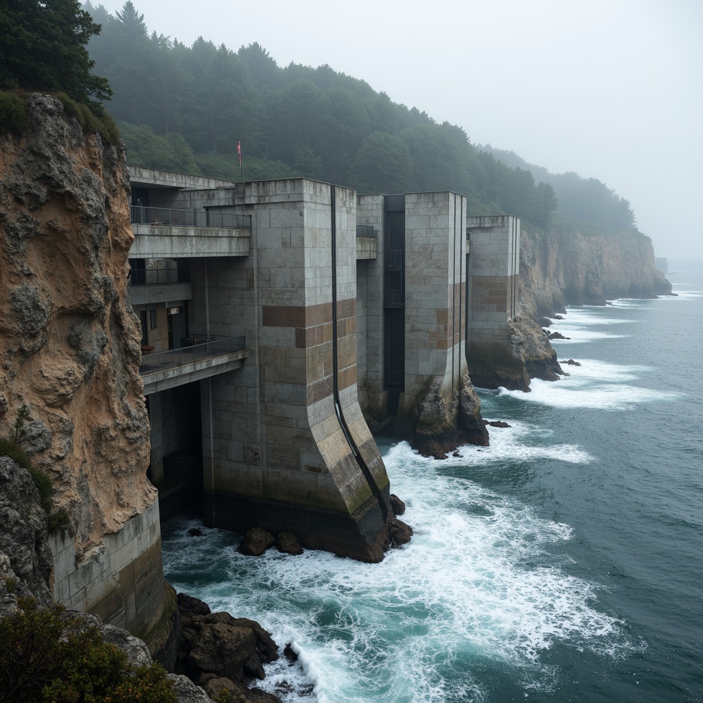 Prompt: Massive monolithic structures, rugged coastal cliffs, crashing ocean waves, salty sea air, weathered concrete surfaces, brutalist design, monumental scale, dramatic cantilevered overhangs, reinforced steel beams, minimalist detailing, harsh natural lighting, misty atmosphere, shallow depth of field, 1/1 composition, symmetrical framing, rough stone textures, ambient occlusion.Let me know if this meets your requirements!