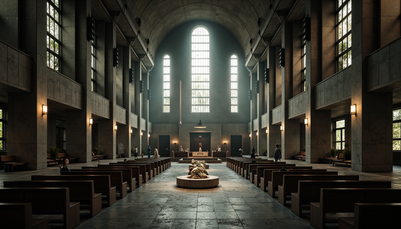 Prompt: Rugged brutalist church, raw concrete walls, dramatic natural lighting, stained glass windows, vaulted ceilings, industrial-style pipes, minimalist decor, monochromatic color scheme, atmospheric shadows, soft warm glow, high contrast ratio, cinematic composition, symmetrical framing, subtle texture details, eerie ambiance, mysterious mood, overcast day, diffused sunlight, subtle color grading.