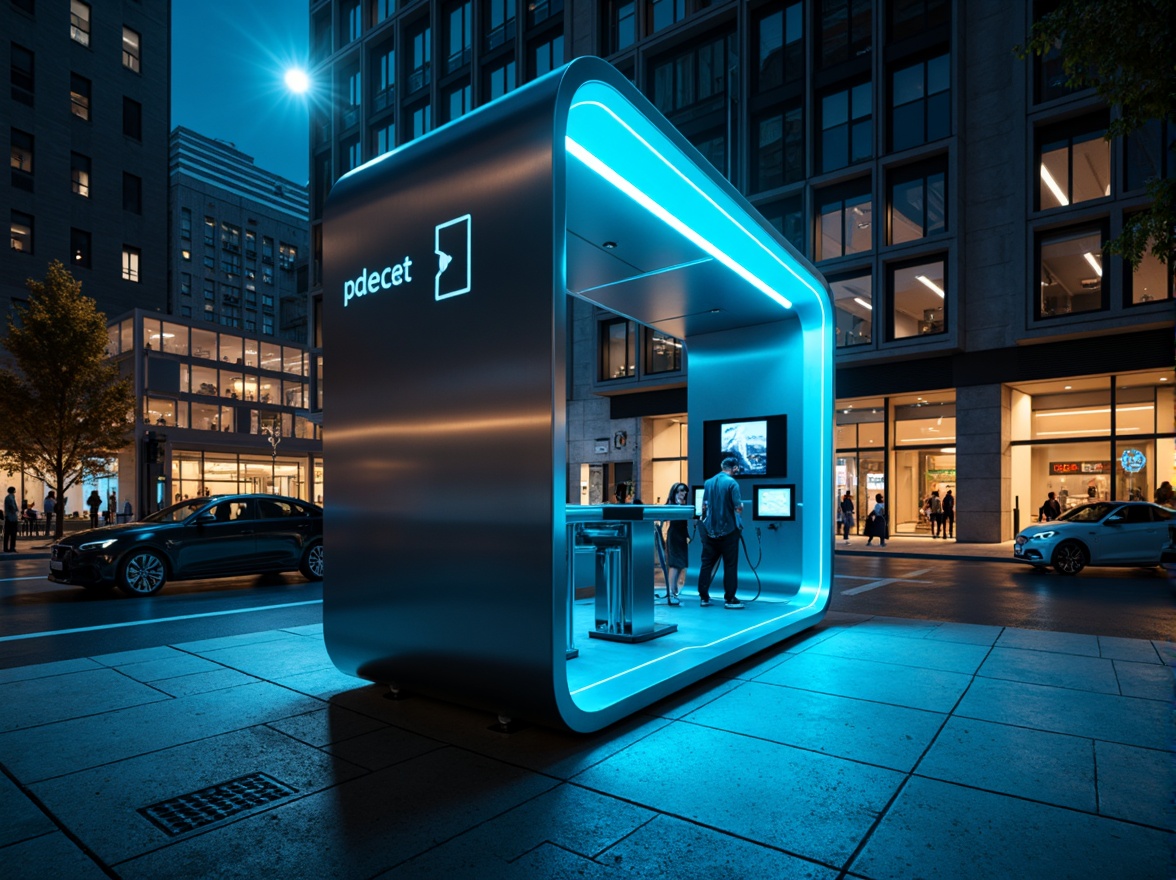 Prompt: Modern charging station, sleek metal structure, neon blue accents, futuristic LED lights, urban cityscape, busy streets, night time atmosphere, moody shadows, warm indirect lighting, industrial concrete floors, minimalist design, bold typography, dynamic angular lines, vibrant electric blue hues, high-tech gadgets, innovative technology integration, eco-friendly branding, sustainable energy solutions.