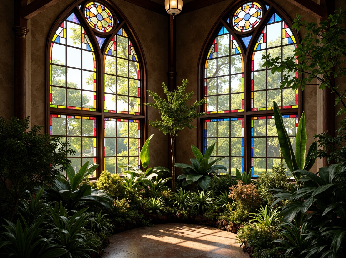 Prompt: Vibrant stained glass windows, intricate Gothic arches, lush greenery, tropical plants, humid atmosphere, warm natural light, ornate metal frames, colorful glass mosaics, grand high ceilings, dramatic verticality, rustic stone walls, moss-covered pathways, serene ambiance, soft diffused lighting, 1/1 composition, intimate close-up views, realistic glass textures, subtle ambient occlusion.