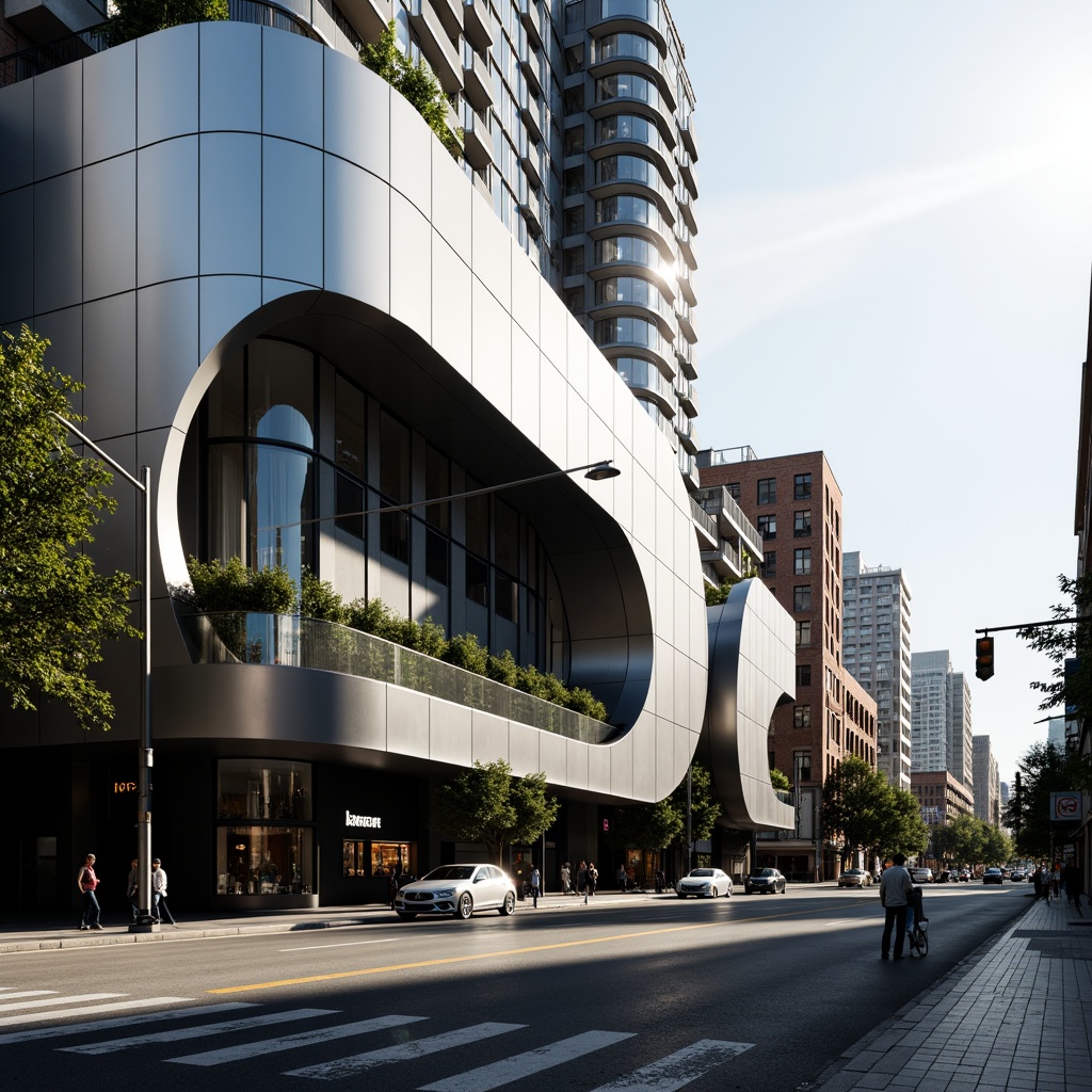 Prompt: Curved building facade, metallic materials, silver coatings, reflective glass surfaces, minimalist ornamentation, streamline modern architecture, futuristic aesthetic, urban cityscape, busy streets, morning sunlight, soft shadows, shallow depth of field, 3/4 composition, panoramic view, realistic textures, ambient occlusion.