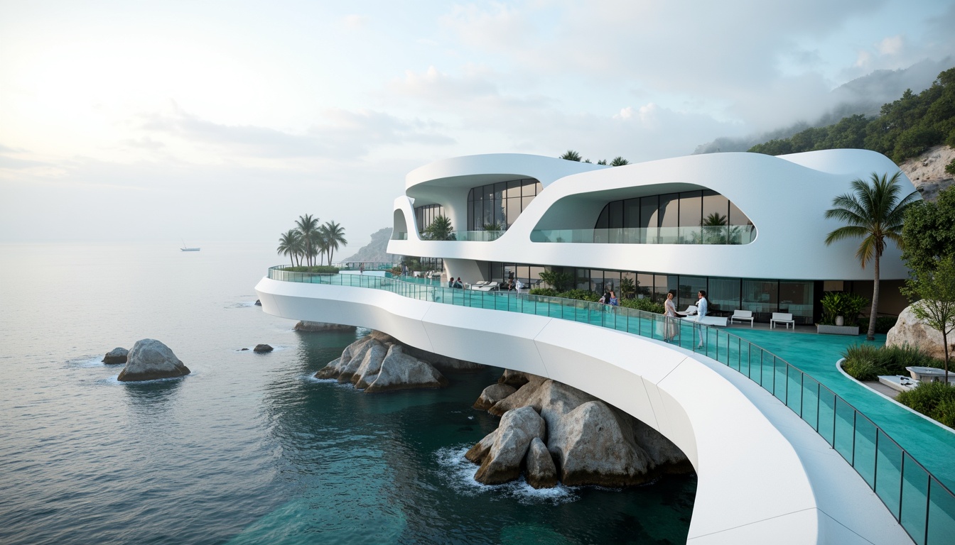 Prompt: Curved coastal bridge, undulating blob-like structure, sleek white concrete, ocean-inspired wavy railings, transparent glass floors, panoramic ocean views, cantilevered walkways, wave-energy harvesting systems, sustainable building materials, recycled plastic components, marine life-inspired decorative elements, vibrant turquoise accents, misty morning light, shallow depth of field, 1/1 composition, realistic reflections, ambient occlusion.