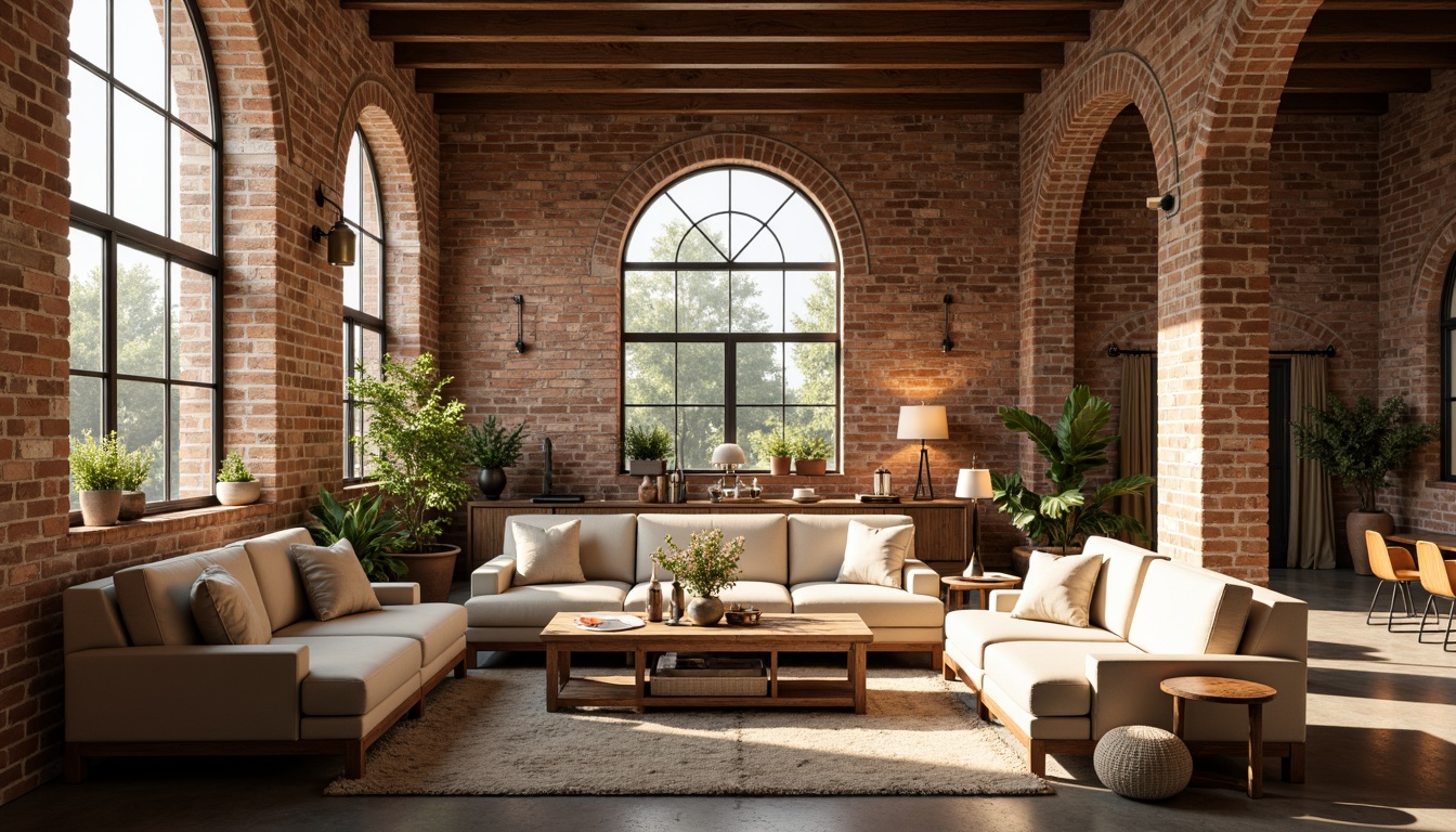 Prompt: Earth-toned loft interior, exposed brick walls, wooden beam ceilings, industrial metal accents, warm beige tones, rich walnut furniture, soft cream-colored textiles, distressed leather upholstery, vintage decorative items, ornate ironwork, classic Romanesque archways, grand high ceilings, abundant natural light, warm cozy atmosphere, 1/1 composition, shallow depth of field, warm golden lighting.