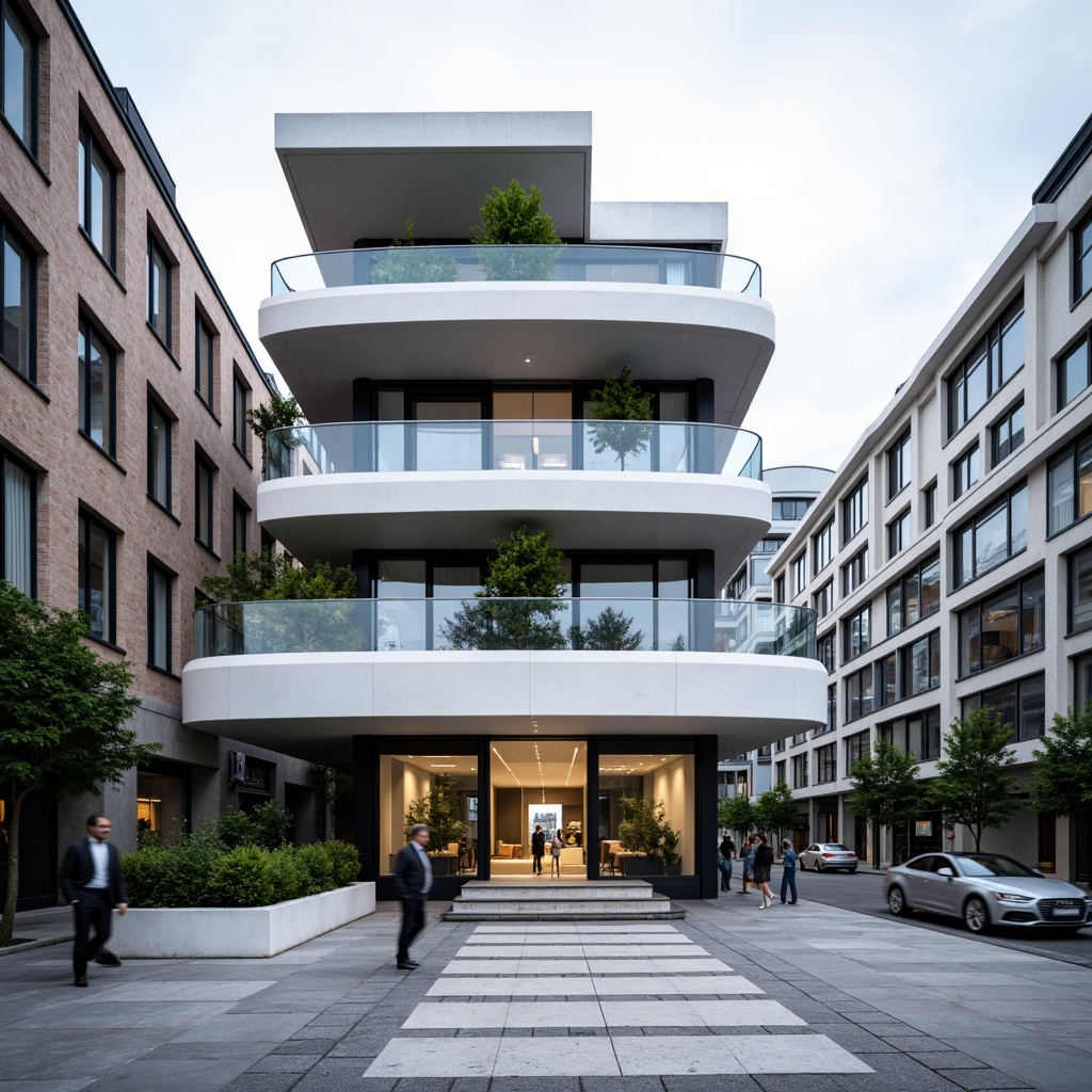 Prompt: Streamlined Modernist building facade, curved lines, minimal ornamentation, polished chrome accents, high-gloss paint finishes, dark-tinted glass windows, sleek metal railings, cantilevered rooflines, white concrete walls, minimalist entranceways, geometric patterned flooring, monochromatic color scheme, urban cityscape backdrop, overcast sky, soft diffused lighting, shallow depth of field, 2/3 composition, cinematic camera angle, realistic material textures, subtle ambient occlusion.