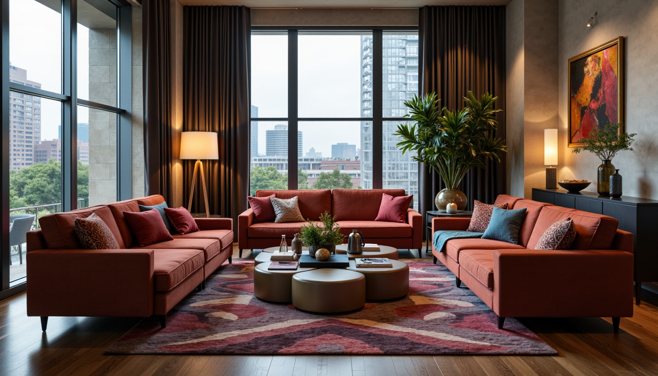 Prompt: Luxurious living room, plush velvet sofas, reclining armchairs, ottomans, wooden coffee tables, metallic floor lamps, ambient soft lighting, cozy throw blankets, vibrant colorful pillows, geometric patterned rugs, minimalist wall decor, floor-to-ceiling windows, natural daylight, urban city view, 1/1 composition, shallow depth of field, realistic textures, soft focus effect.