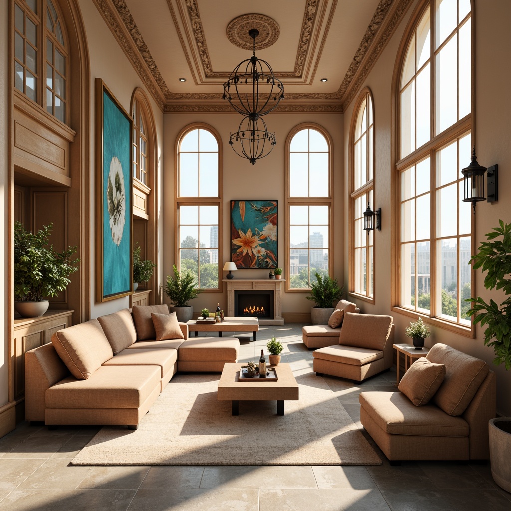 Prompt: Vibrant color scheme, pastel hues, soft peach tones, calming blues, earthy brown shades, rich turquoise accents, creamy whites, bold black outlines, warm golden lighting, atmospheric fog effect, cinematic depth of field, 2/3 composition, symmetrical balance, ornate decorative elements, luxurious fabrics, opulent textures, refined elegance, sophisticated ambiance.