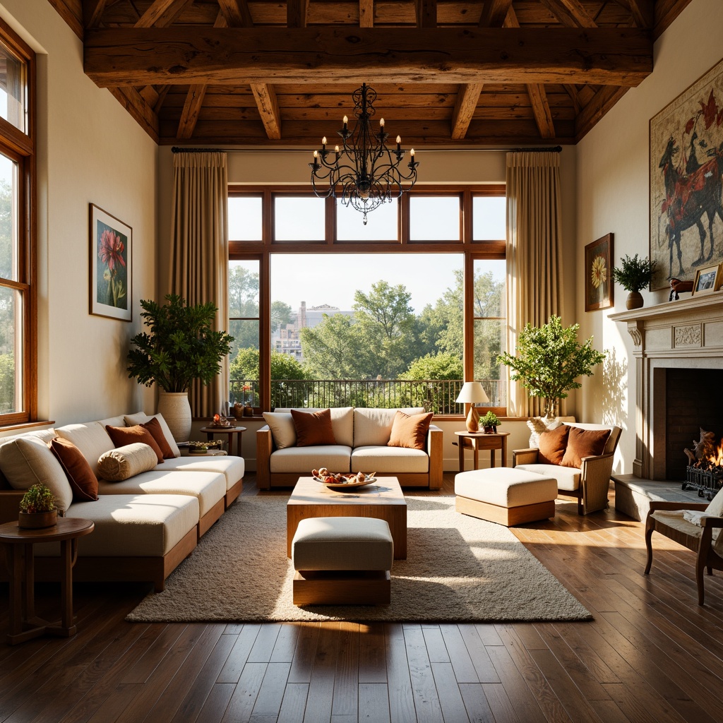 Prompt: Cozy living room, plush sofas, warm beige walls, rich wood flooring, comfortable sectionals, soft golden lighting, large windows, natural textiles, vintage decorative accents, elegant chandeliers, rustic wooden beams, earthy color palette, inviting atmosphere, shallow depth of field, 1/2 composition, realistic textures, ambient occlusion.