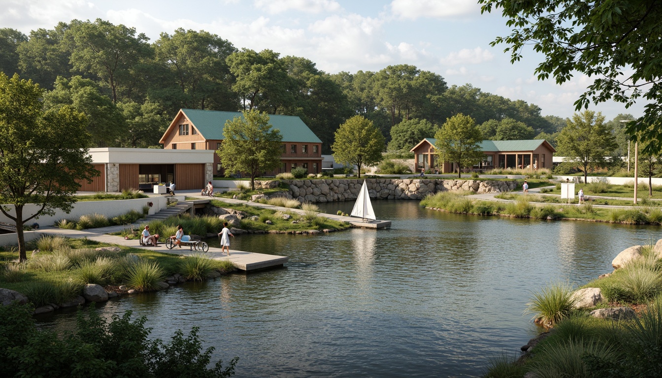 Prompt: Riverbank site integration, lush vegetation, meandering waterways, natural stone walls, wooden docks, sailing boats, tranquil atmosphere, serene river views, modern architecture, curved lines, green roofs, floor-to-ceiling windows, sliding glass doors, rustic wooden accents, earthy color palette, warm sunny day, soft diffused lighting, shallow depth of field, 3/4 composition, panoramic view, realistic textures, ambient occlusion.