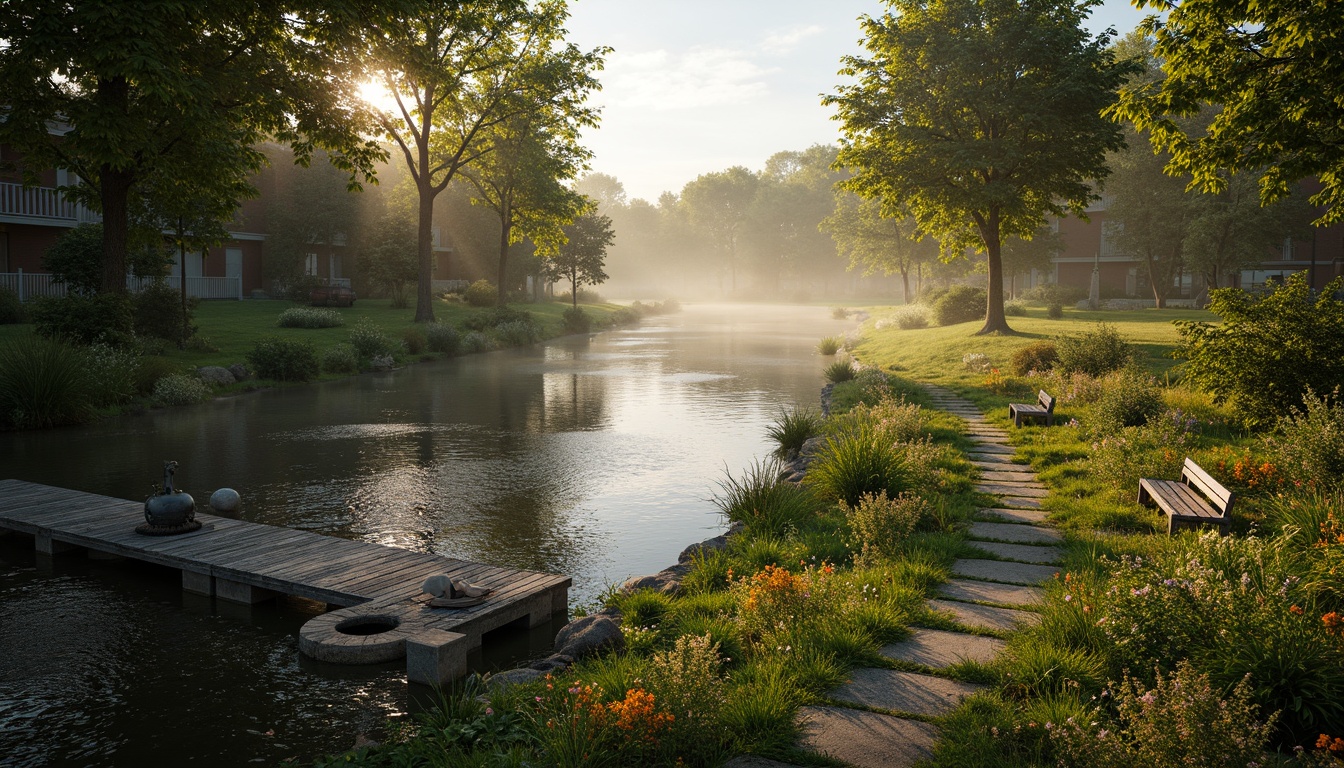 Prompt: Scenic riverbank, lush green vegetation, meandering watercourse, rustic wooden docks, tranquil atmosphere, warm sunlight filtering through trees, gentle ripples on water surface, natural stone pathways, weathered wooden benches, vibrant wildflowers, serene misty morning, soft warm lighting, shallow depth of field, 3/4 composition, panoramic view, realistic textures, ambient occlusion.Let me know if you need any adjustments!