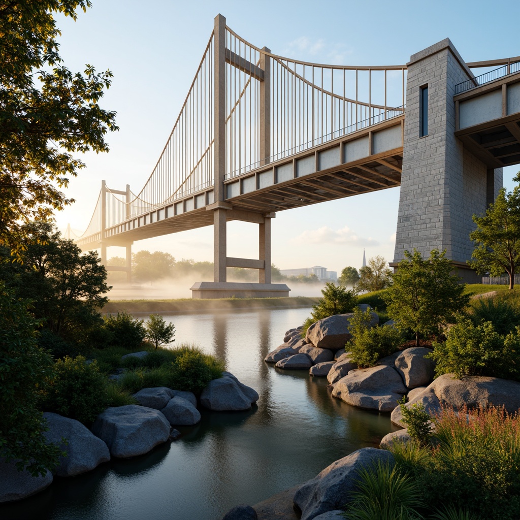 Prompt: Vibrant suspension bridge, bold steel arches, warm golden lighting, iridescent misty atmosphere, lush green vegetation, natural stone abutments, sleek modern railings, gleaming metallic accents, harmonious color palette, soft pastel hues, calming blue tones, earthy brown shades, futuristic neon lights, dynamic gradient effects, 3D modeling, atmospheric perspective, dramatic shadows, realistic reflections.