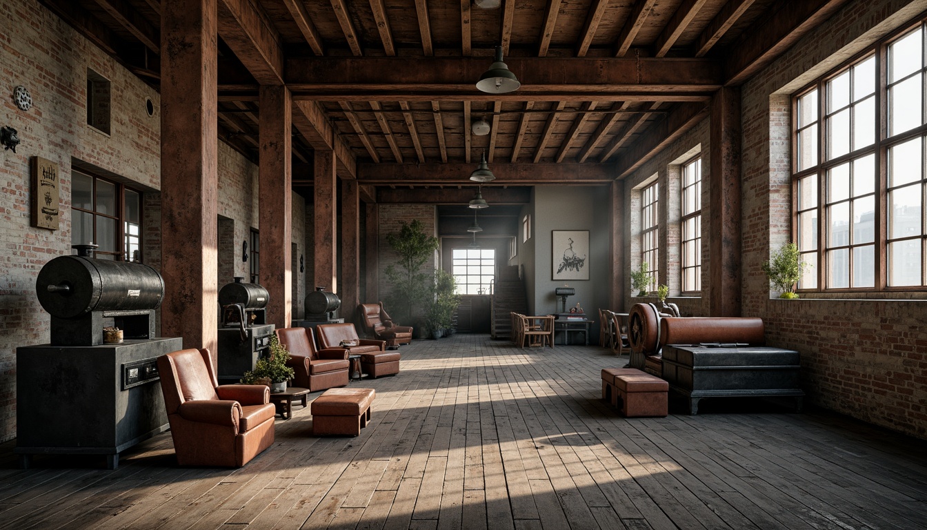 Prompt: Industrial heritage, exposed brick walls, rusty metal beams, worn wooden floors, vintage manufacturing equipment, distressed concrete textures, faded signage, nostalgic color palette, moody atmospheric lighting, shallow depth of field, 1/2 composition, realistic wear and tear, ambient occlusion.