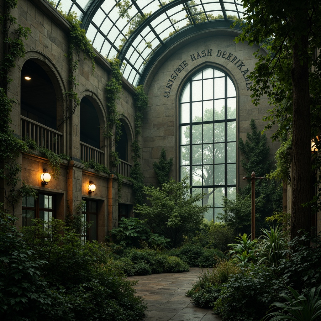 Prompt: Mysterious greenhouse, eerie atmosphere, overgrown vegetation, twisted vines, Gothic architecture, arched windows, ornate stone carvings, moss-covered walls, foggy mist, dim warm lighting, rich earthy tones, muted greens, weathered wood accents, rusty metal details, intricate stonework patterns, mysterious shadows, 1/2 composition, cinematic mood, high contrast, ambient occlusion.