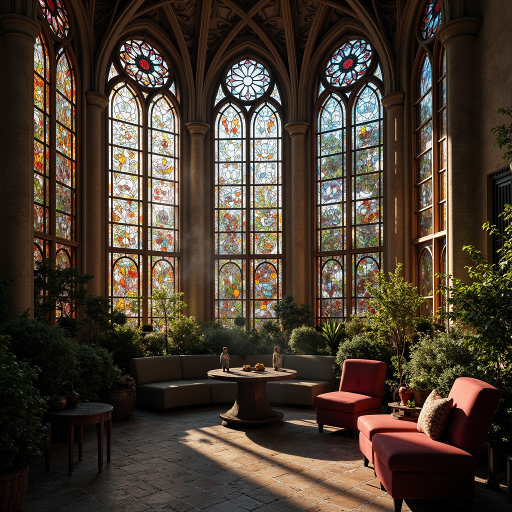 Prompt: Intricate stained glass windows, vibrant colorful patterns, ornate metal frames, grandiose villa, Gothic style architecture, mystical ambiance, warm soft lighting, rich textures, luxurious furnishings, elegant decorations, mysterious atmosphere, ancient stone walls, overgrown ivy, misty morning, subtle warm glow, 1/1 composition, shallow depth of field, realistic reflections.