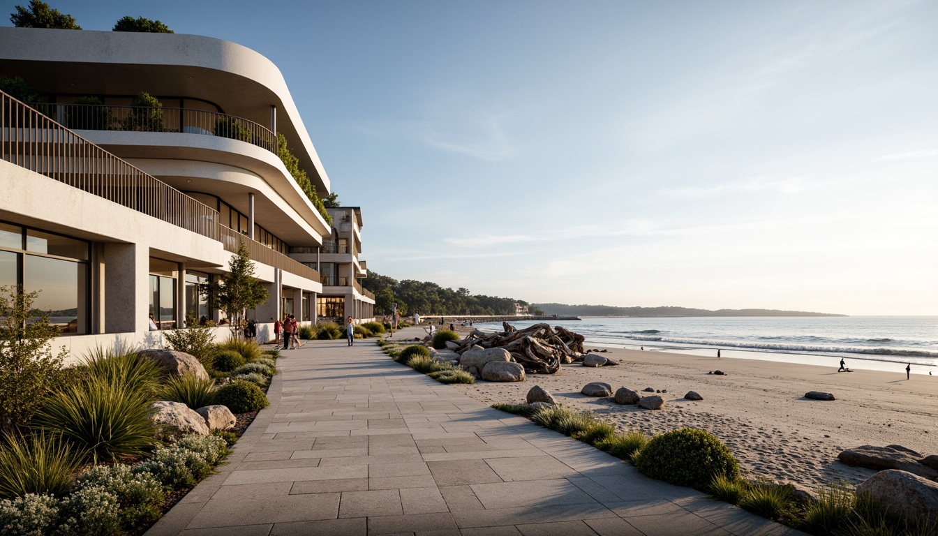 Prompt: Coastal visitor center, modern curved architecture, large windows, ocean views, sandy beaches, rocky shores, seaside promenade, native coastal plants, driftwood sculptures, educational exhibits, interactive displays, sustainable building materials, energy-efficient systems, natural ventilation, abundant daylight, soft warm lighting, shallow depth of field, 1/2 composition, panoramic view, realistic textures, ambient occlusion.