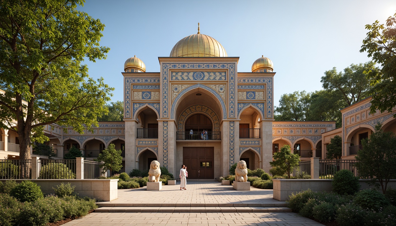 Prompt: Intricate zoo enclosures, ornate Byzantine facades, golden domes, vibrant mosaic tiles, arched windows, grand entrance gates, majestic stone lions, rustic wooden doors, lush greenery, exotic animal habitats, sunny afternoon, soft warm lighting, shallow depth of field, 3/4 composition, panoramic view, realistic textures, ambient occlusion.