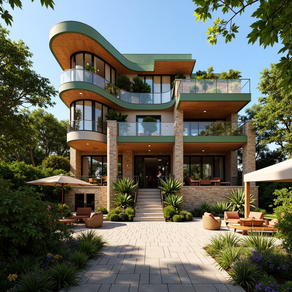 Prompt: Vibrant eclectic mansion, asymmetrical facade, mixed materiality, stone walls, wooden accents, metallic details, lush green roofs, curved lines, ornate decorations, grand entrance, spacious courtyard, natural stone pathways, tropical plants, colorful blooms, sunny day, warm soft lighting, shallow depth of field, 1/2 composition, realistic textures, ambient occlusion.