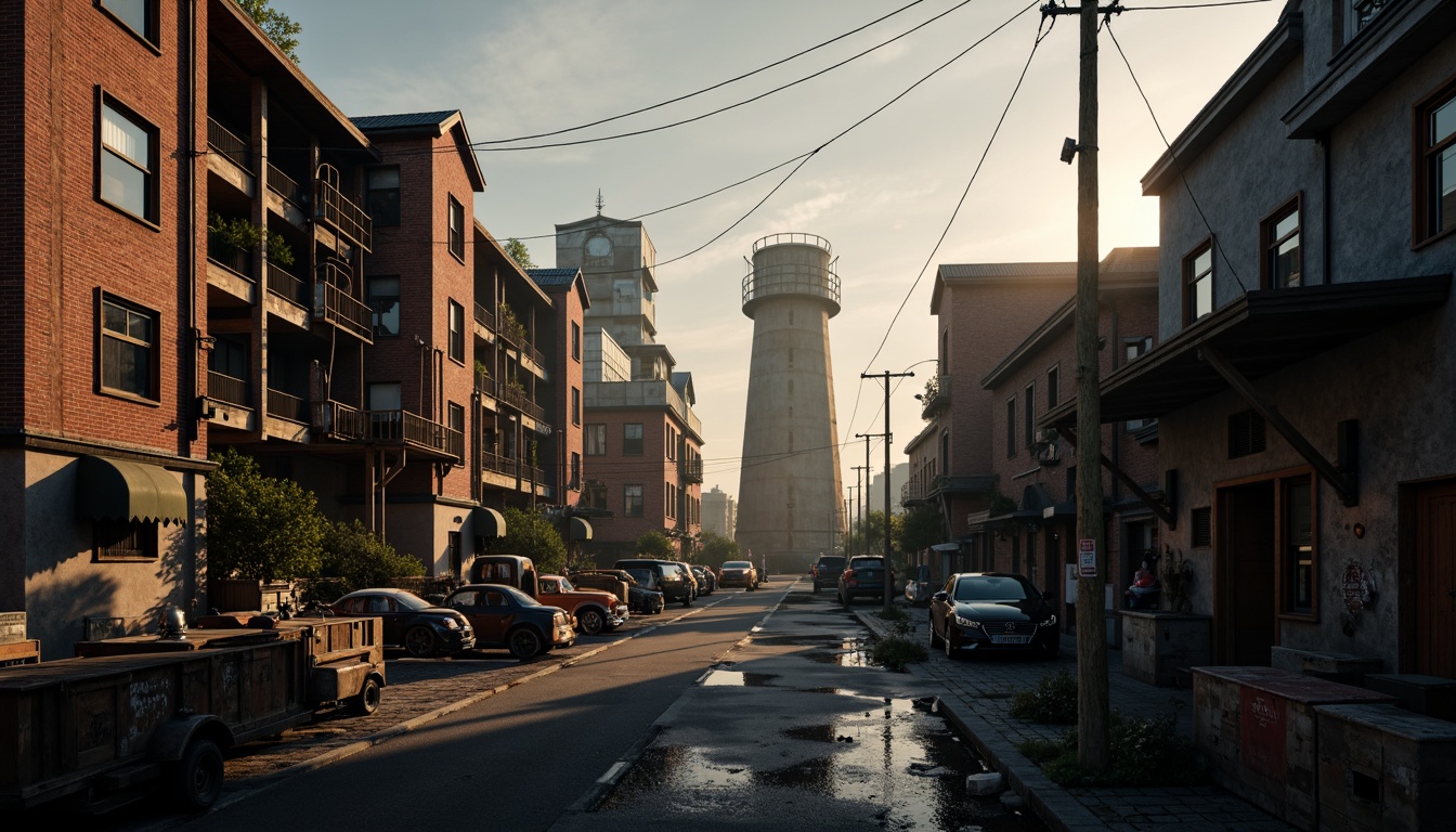 Prompt: Rustic industrial landscape, worn brick buildings, exposed steel beams, corrugated metal roofs, distressed wooden accents, vintage factory equipment, intricate mechanical details, moody atmospheric lighting, cinematic composition, shallow depth of field, 1/2 format, gritty realistic textures, ambient occlusion, misty morning atmosphere, warm golden hour light, nostalgic industrial heritage, brutalist architectural style, functional design elements, raw concrete structures, urban renewal context.