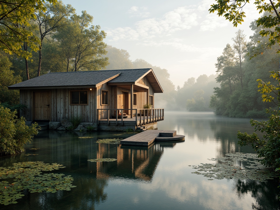 Prompt: Rustic boathouse, weathered wood accents, soft misty lake atmosphere, serene water reflections, lush greenery surroundings, vibrant aquatic life, natural stone foundation, earthy brown tones, calming blue hues, creamy whites, warm golden lighting, shallow depth of field, 3/4 composition, panoramic view, realistic textures, ambient occlusion.