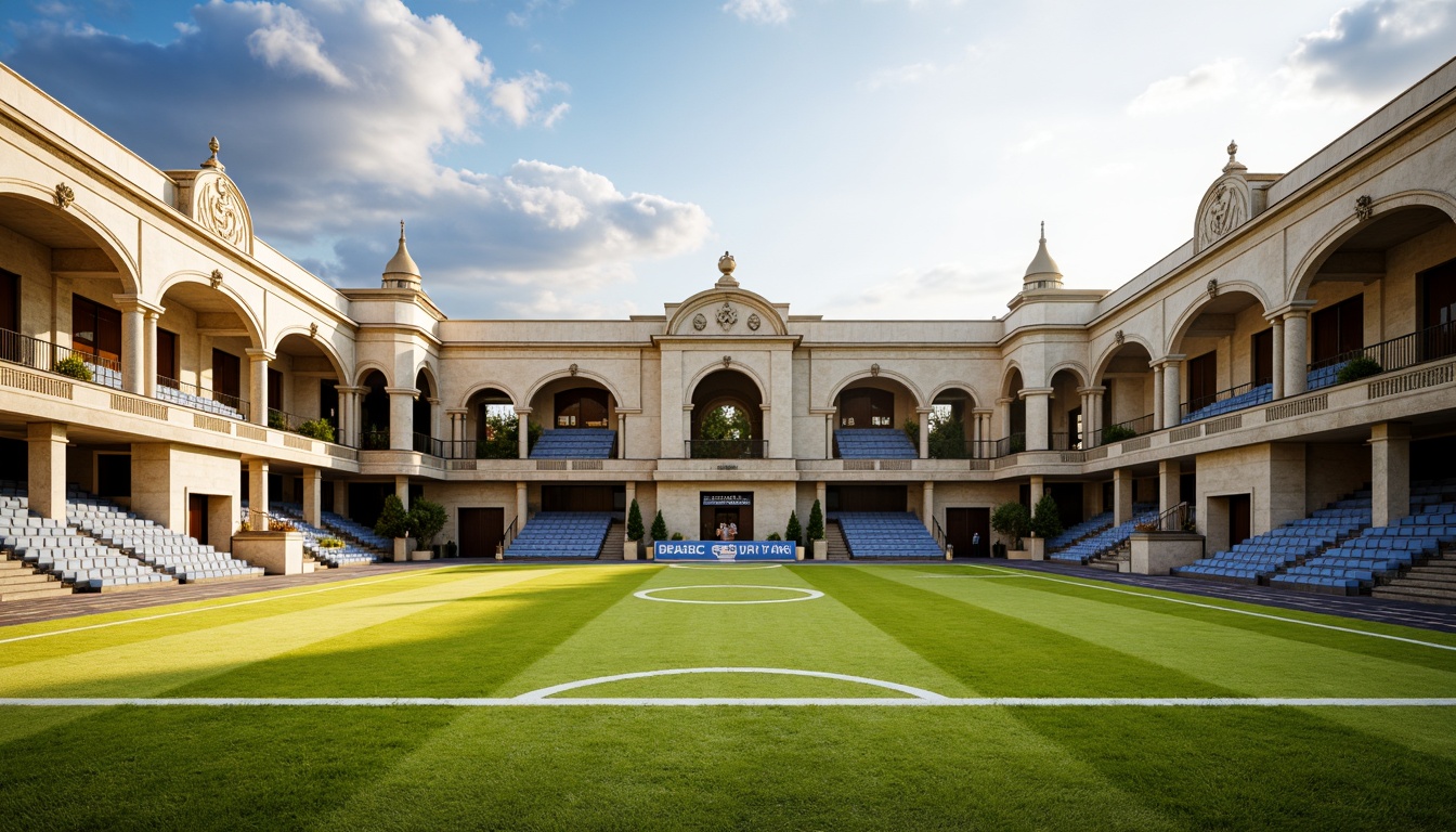 Prompt: Grandstand seating, ornate colonnades, archaic stone walls, lush green grass, athletic track lanes, soccer goalposts, tennis court nets, basketball hoops, vintage scoreboard displays, classic Greek-inspired architecture, rusticated bases, Corinthian capitals, decorative friezes, symmetrical facades, imposing entrance gates, golden ratio compositions, warm afternoon sunlight, soft focus background, shallow depth of field, 2/3 composition, cinematic lighting, realistic textures.