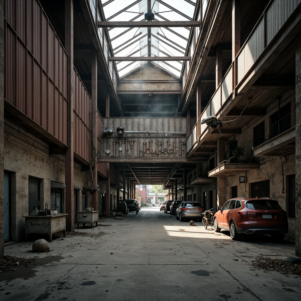 Prompt: Rustic industrial landscape, abandoned factories, worn brick walls, steel frame structures, corrugated metal cladding, faded signage, distressed concrete floors, exposed ductwork, overhead crane systems, functional machinery, industrial piping networks, natural light pouring through skylights, gritty urban atmosphere, moody overcast skies, high-contrast dramatic lighting, cinematic composition, textured renderings, ambient occlusion.