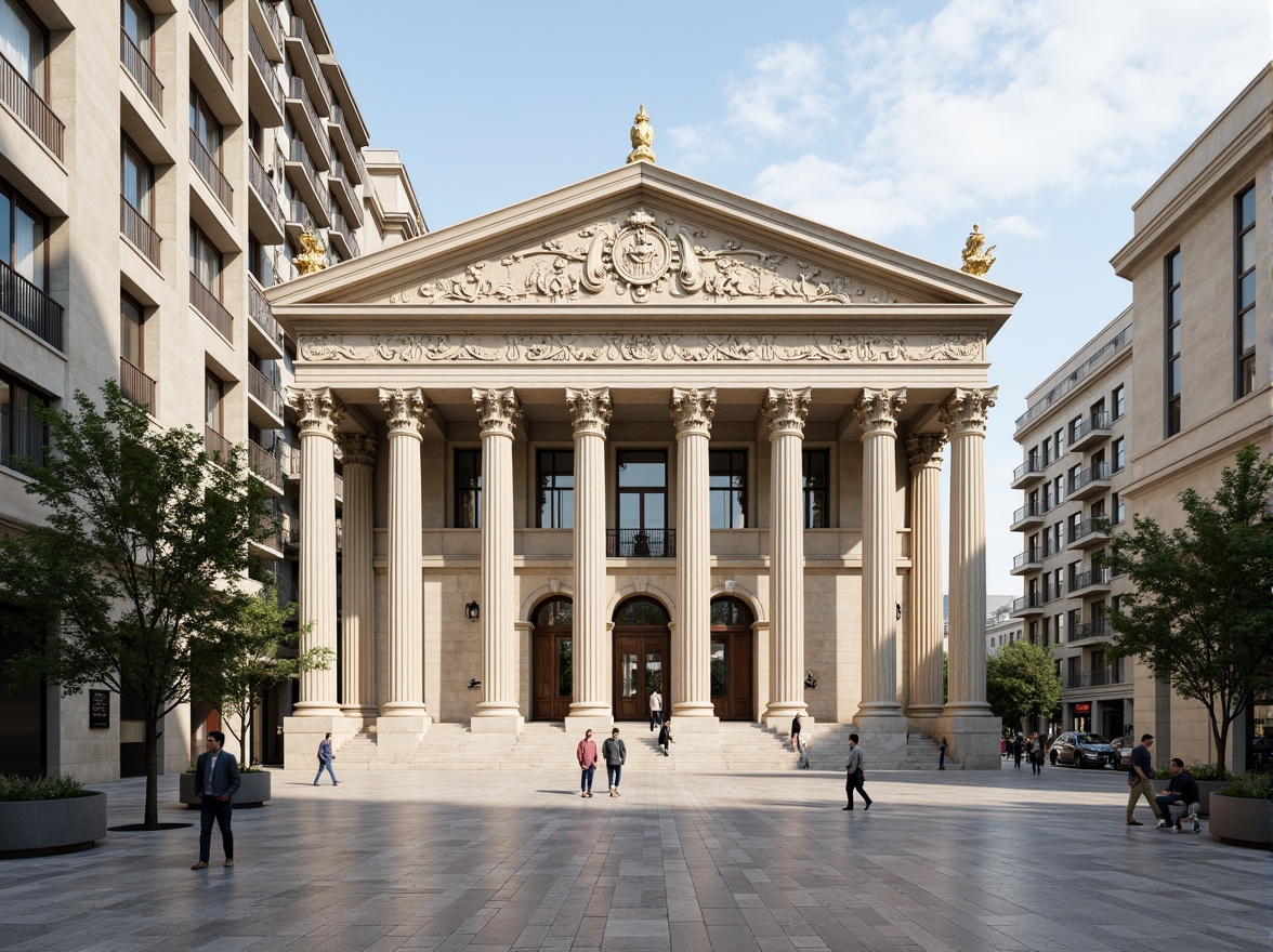 Prompt: Grand courthouse building, neoclassical facade, columned entrance, symmetrical architecture, ornate details, intricate stonework, modernist twist, clean lines, minimalist ornamentation, neutral color palette, gleaming marble floors, high ceilings, natural light illumination, subtle texture variations, contextual urban surroundings, bustling cityscape, morning sunlight, soft focus, shallow depth of field, 2/3 composition, realistic materials, ambient occlusion.