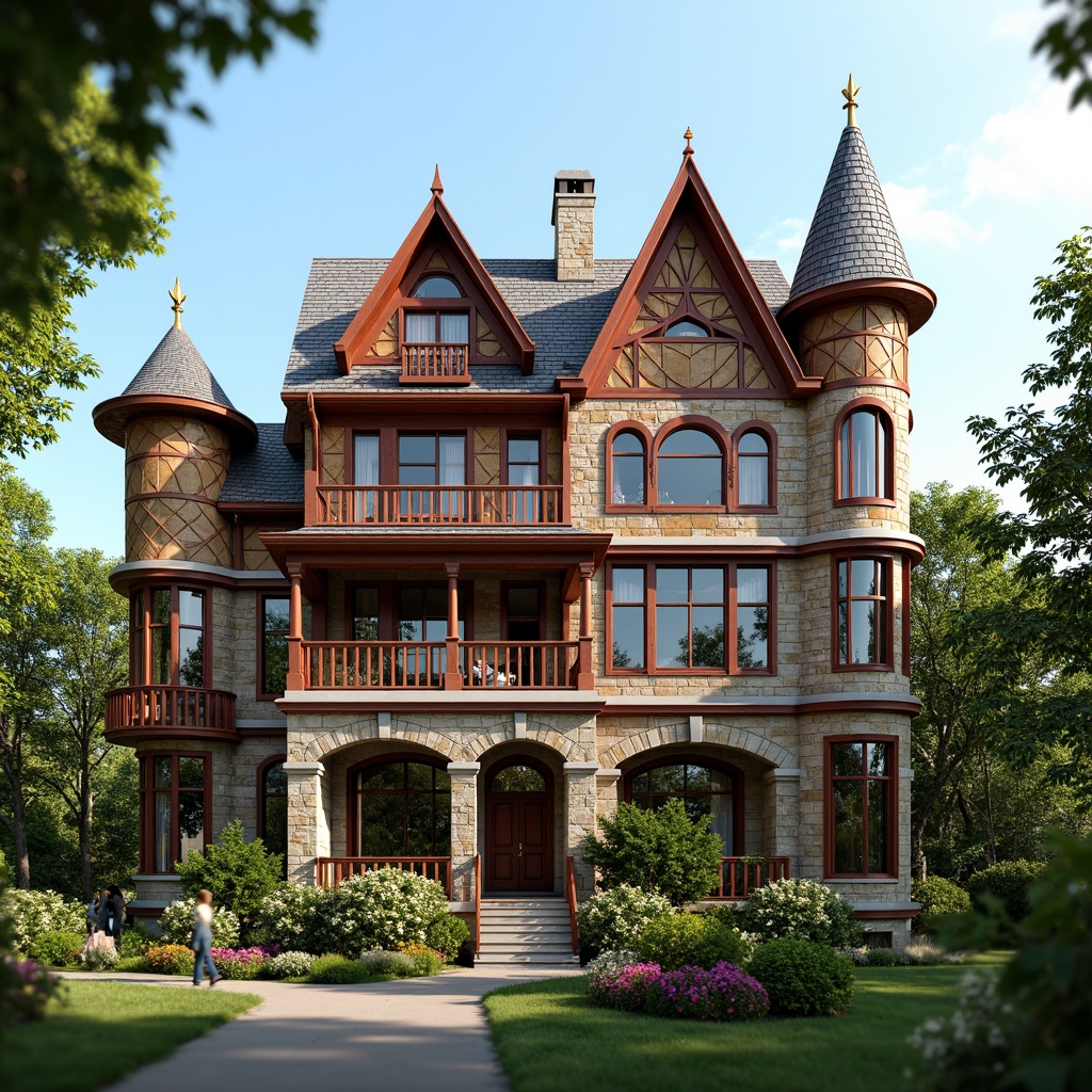 Prompt: Eclectic mansion, ornate facades, vibrant color schemes, mixed material textures, rough-hewn stone walls, smooth wooden panels, intricate metalwork, stained glass windows, ornamental turrets, grand entranceways, lush greenery, blooming flowers, sunny day, warm soft lighting, shallow depth of field, 3/4 composition, realistic textures, ambient occlusion.