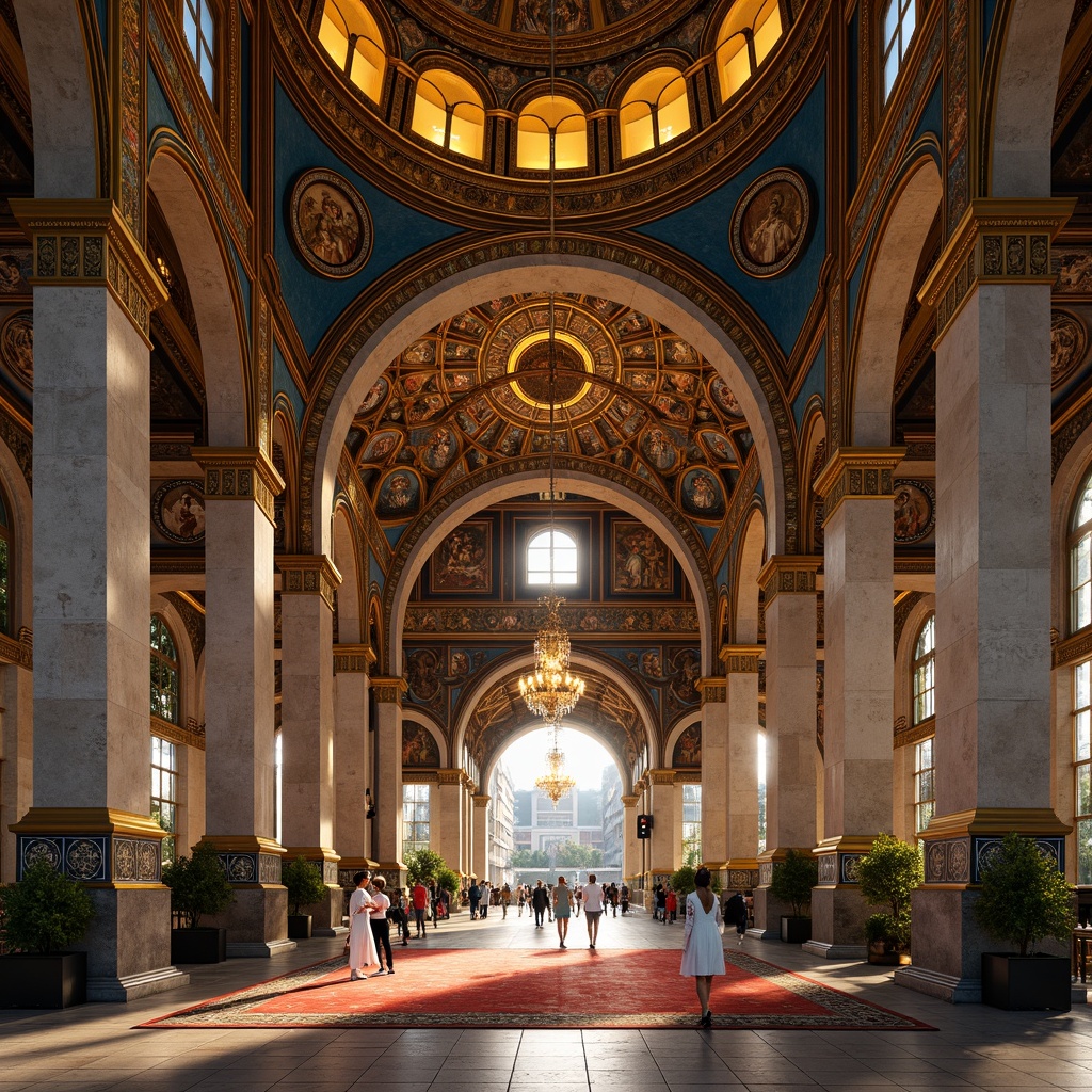 Prompt: Ornate Byzantine cathedral, intricate stone carvings, golden domes, vibrant mosaics, ornamental arches, marble columns, luxurious textiles, rich velvet fabrics, gleaming metallic accents, innovative concrete mixes, sustainable brick alternatives, recycled glass tiles, translucent alabaster panels, ambient LED lighting, soft warm glow, dramatic shadows, 1/1 composition, symmetrical framing, realistic textures, detailed normal maps.