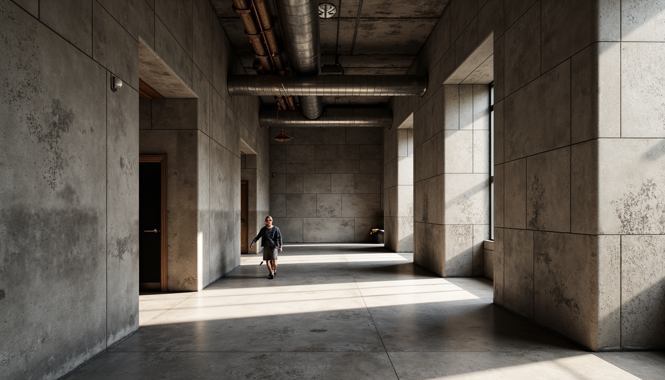 Prompt: Rough-hewn concrete walls, exposed aggregate, brutalist fa\u00e7ades, rugged stone textures, distressed metal surfaces, weathered wooden accents, industrial-style pipes, functional ductwork, raw concrete floors, minimalist interior design, natural light infiltration, dramatic shadow play, high-contrast photography, moody atmospheric lighting, cinematic composition, 2/3 rule of thirds, subtle color grading, realistic material reflections.